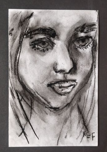 Woman Portrait Charcoal Drawing, Hand-Drawn Female, Original Close-up Face Wall Art