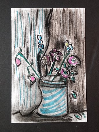 Flower Vase Charcoal Marker Drawing, Hand-Drawn Botanical, Original Flowers Wall Art