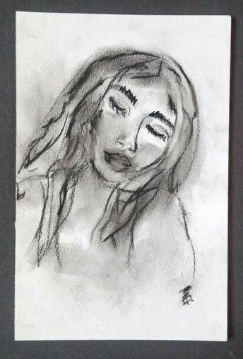 Woman Portrait Charcoal Drawing, Hand-Drawn Female Blinking, Original Close-up Face Wall Art