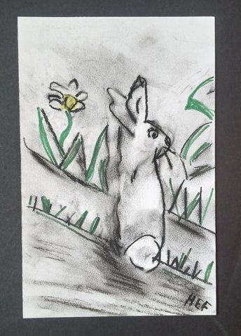 Rabbit Charcoal Drawing, Bunny in Garden Hand-Drawn Original Wall Art, Bunny Lover Gift, Art for Small Spaces