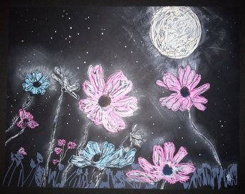 Flowers Moon Wall Art Charcoal Marker Drawing, Glowing Botanical Hand-Drawn Original Traditional Art