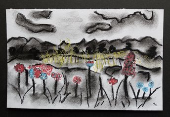 Landscape Wildflowers Wall Art  Charcoal Marker Drawing, Hand-Drawn Wall Art, Botanical Field Scene, Small Spaces Art, Traditional Drawing