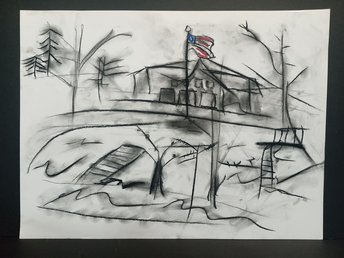 Original Flag and Lake Landscape Sketch Drawing, Charcoal and Marker Patriot Wall Art, One-of-a-kind Traditional Hand-Drawn American Artwork