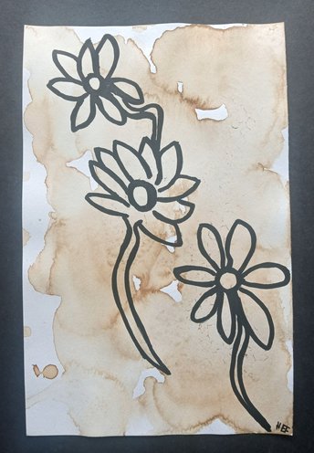 Flowers Minimalist Drawing, Original Coffee-Stained Marker Floral Wall Art, One-of-a-kind Traditional Hand-Drawn Sketch Art