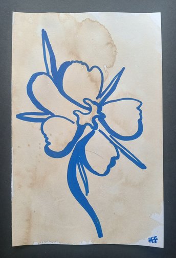 Blue Flower Minimalist Drawing, Original Coffee-Stained Marker Flowers Wall Art, One-of-a-kind Traditional Hand-Drawn Sketch Art
