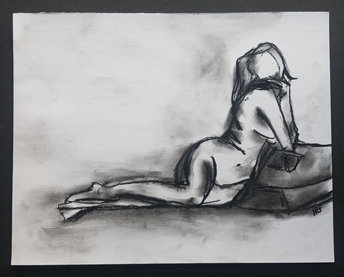 Nude Female on Cushion Sketch Art Drawing, Hand-Drawn Traditional Women Figure Charcoal Drawing