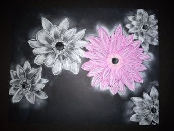 Glowing Flowers Wall Art Charcoal Marker Drawing, Glowing Botanical Hand-Drawn Original Traditional Art, Monochrome Art, Pink Floral Art