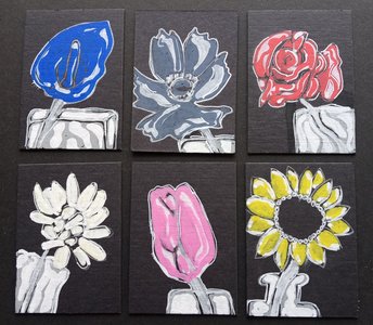 Botanical Flowers Art Trading Cards, 6 Flower Marker Drawings, ATC, Hand-Drawn Traditional Art, Small Floral Artwork, Miniature Drawings
