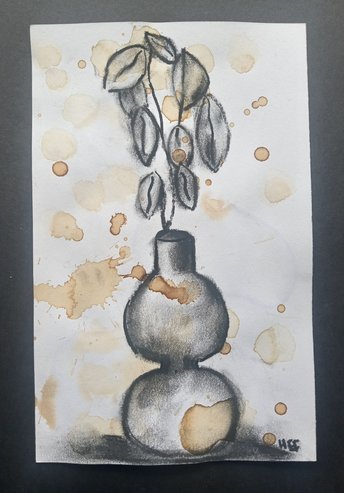 Flower Vase Sketch Art Drawing, Original Charcoal Botanical Wall Art, One-of-a-kind Coffee-Stained Traditional Hand-Drawn Leaves BOHO