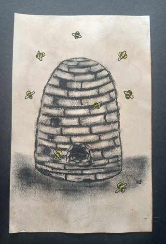 Coffee-Stained Bee Skep Sketch Drawing, Original Charcoal Marker Bee Hive Wall Art, One-of-a-kind Traditional Hand-Drawn BOHO Artwork