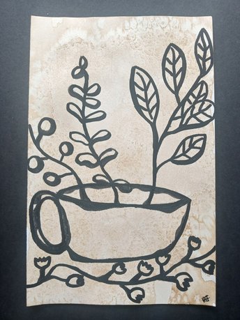 Coffee Cup Sketch Art, Flowers Cup Minimalist Drawing, Original Coffee-Stained Marker Leaves Wall Art, One-of-a-kind Traditional Hand-Drawn