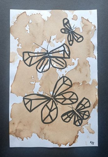 Butterfly Sketch Art, Butterflies Minimalist Drawing, Original Coffee-Stained Marker Wall Art, One-of-a-kind Traditional Hand-Drawn